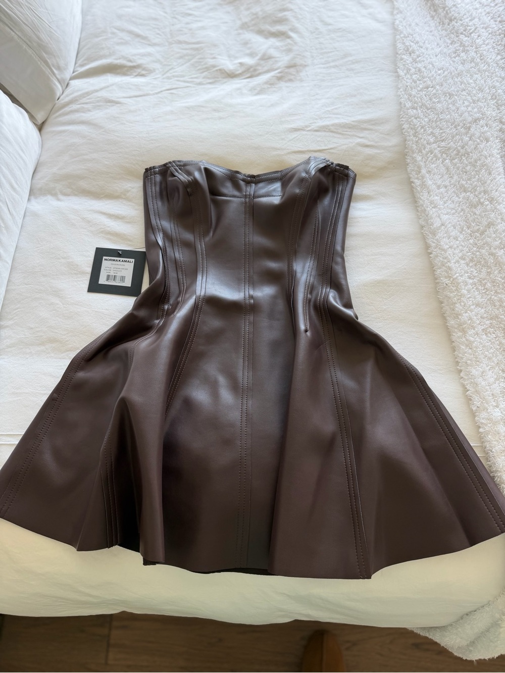 Norma Kamali Brown Strapless Faux-Leather Fit-and-Flare Dress - Picture 3 of 4